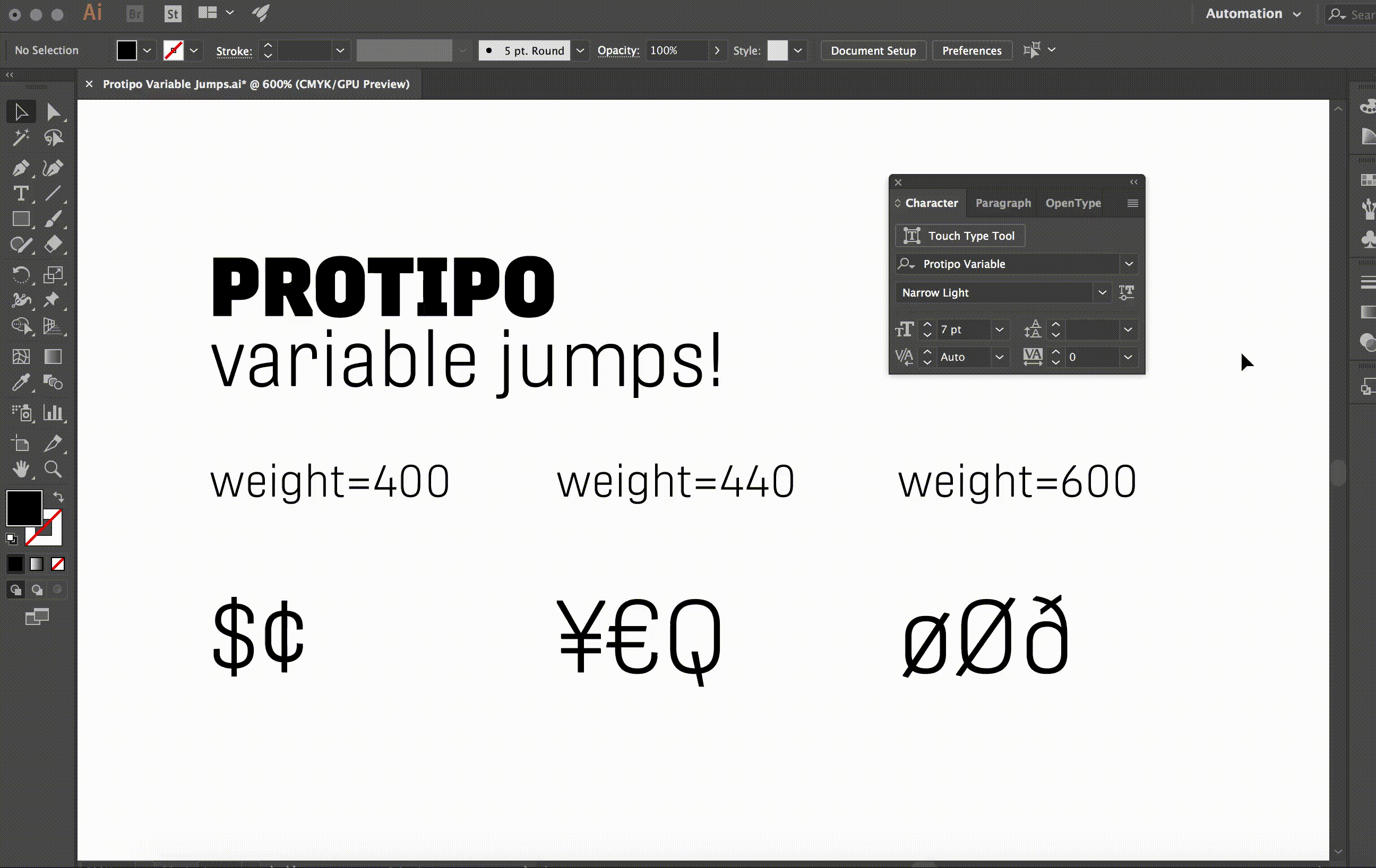 Protipo Variable fonts: glyph design details.