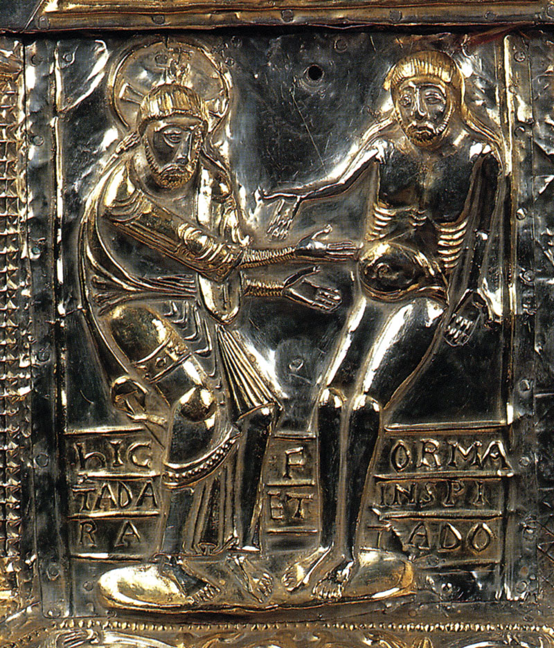 Part of the shrine of St Isidore, depicting the creation of Adam, in the treasury of the San Isidoro in León, Spain. Before 1063