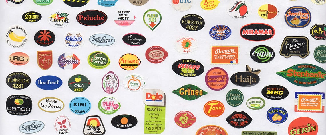 Roxane Gataud’s collection of fruit stickers, as featured in Alphabettes’s blog.